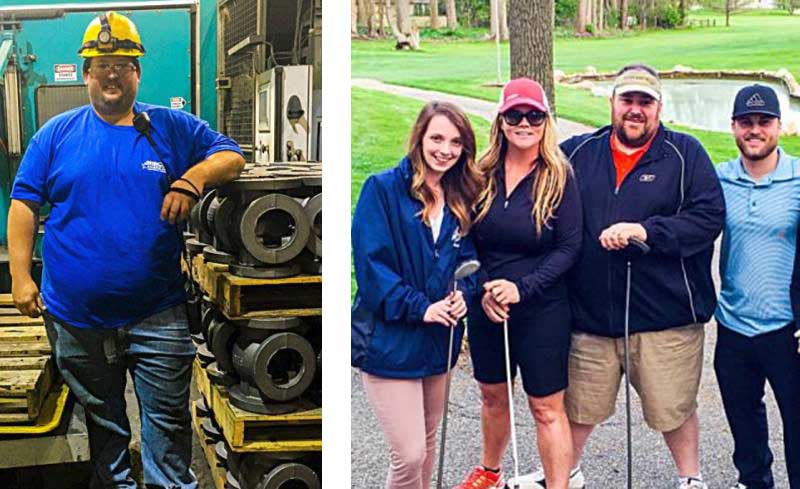 NIBCO employee photographs showing a worker beside industrial equipment and a group outdoors with golf clubs