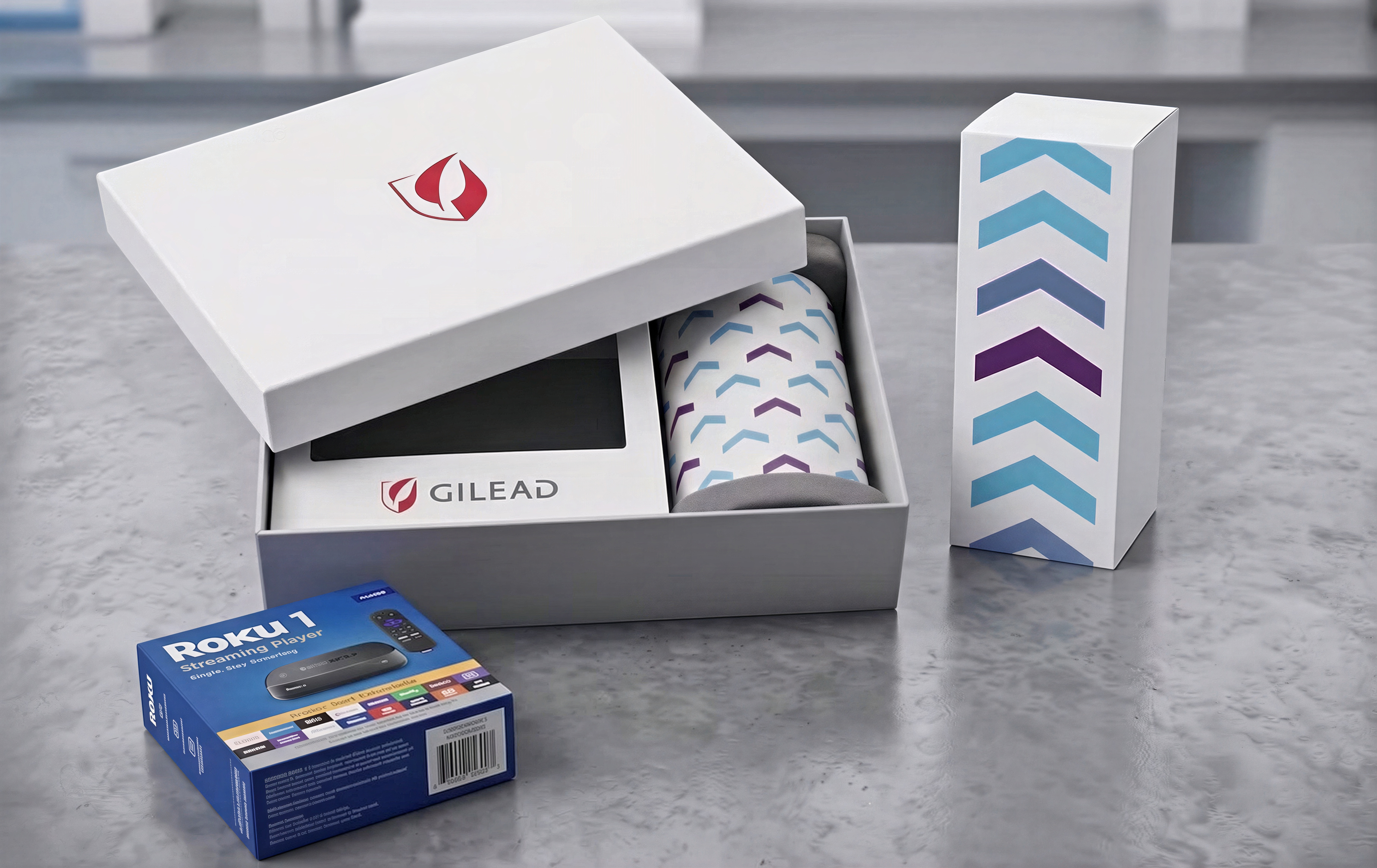 Gilead branded launch box with a blanket and Roku player