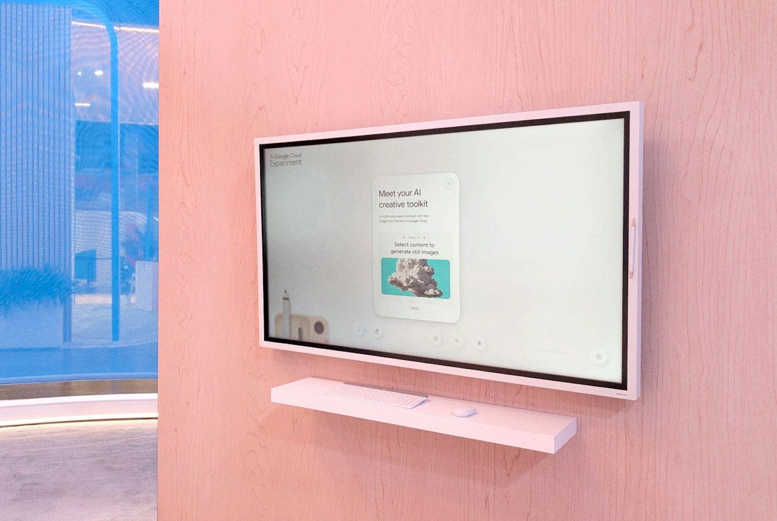 A screen in the pink and blue Veo Studios edit bay at Google Cloud Next 2025