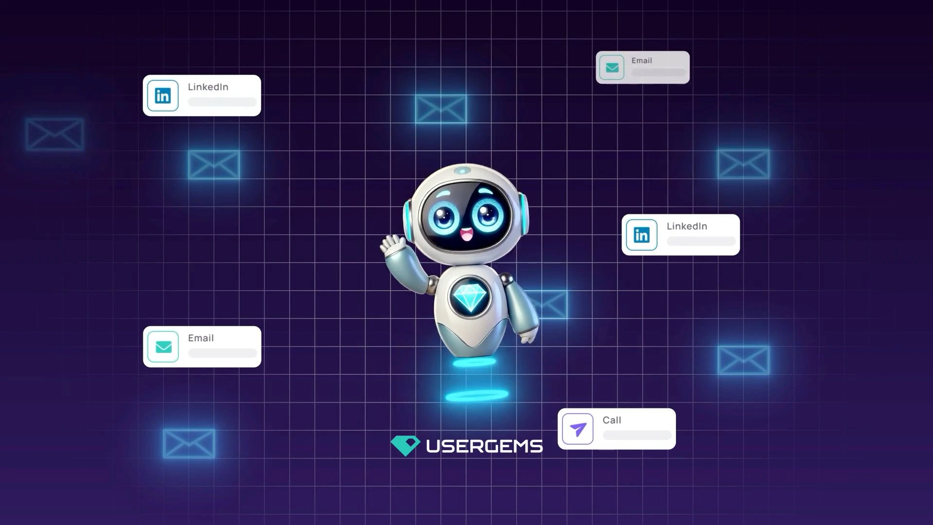 UserGems illustration of Gem-E coordinating email, LinkedIn and calling tasks