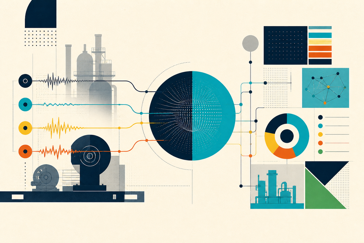 Abstract Swiss-style illustration of industrial signals flowing through an AI system into organized operational outputs