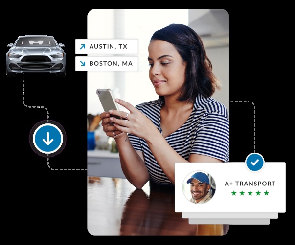 uShip marketing photograph of a person checking car shipping on a smartphone