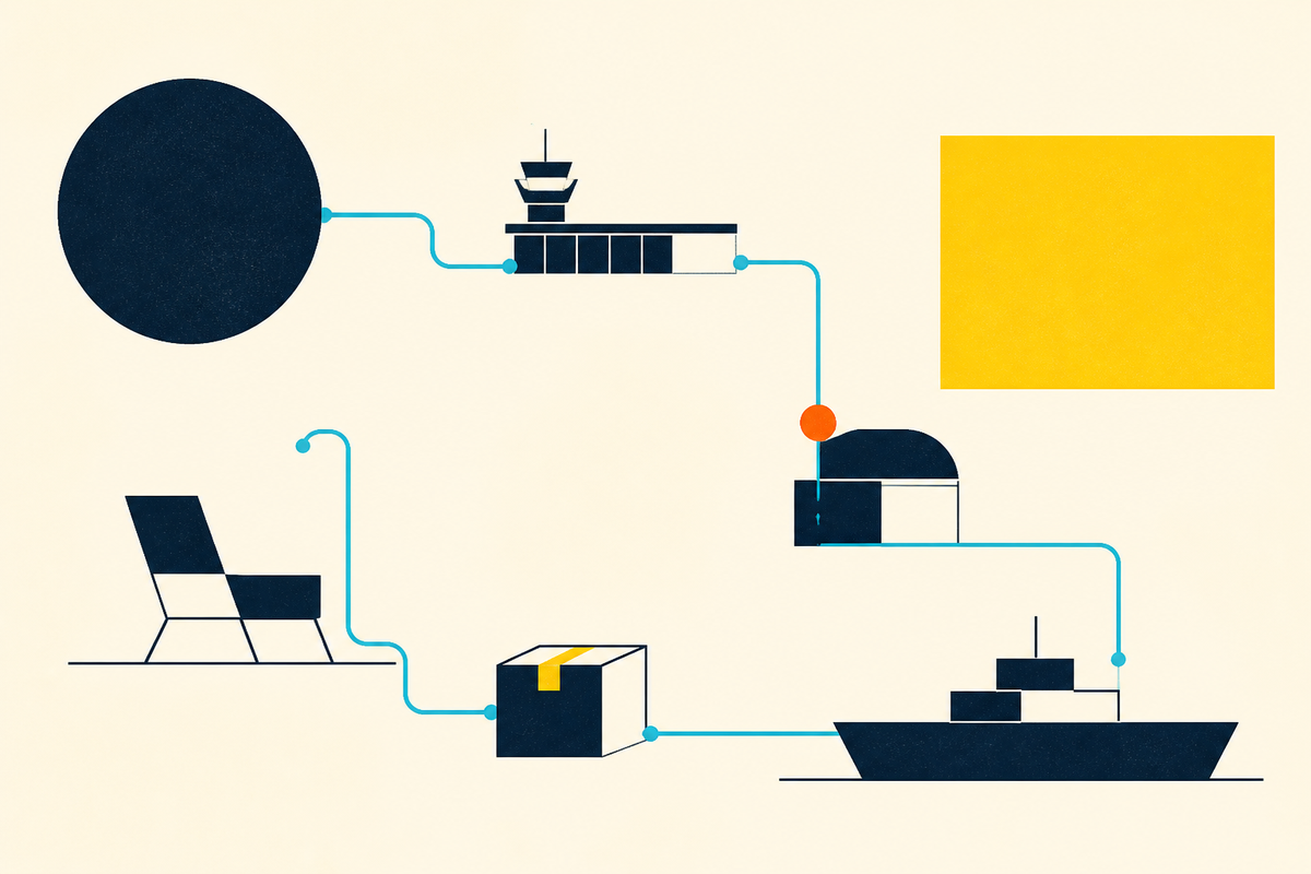 Abstract Swiss-style network connecting a lounge chair, a parcel, facilities and a ship