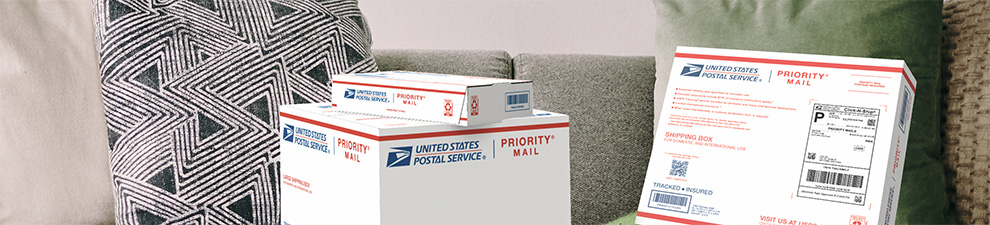 USPS Priority Mail boxes arranged on a sofa