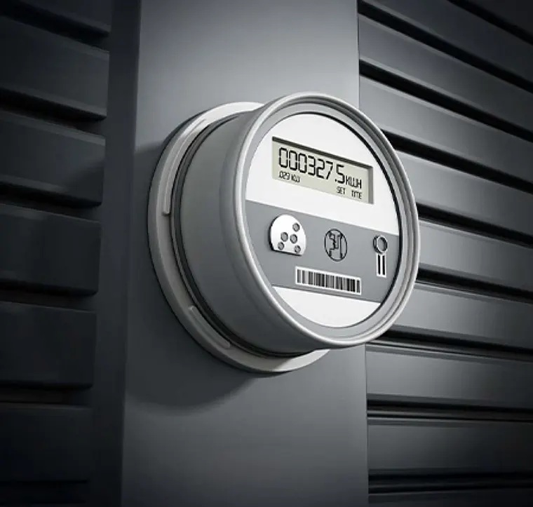 An illustrative digital electricity meter mounted on a wall