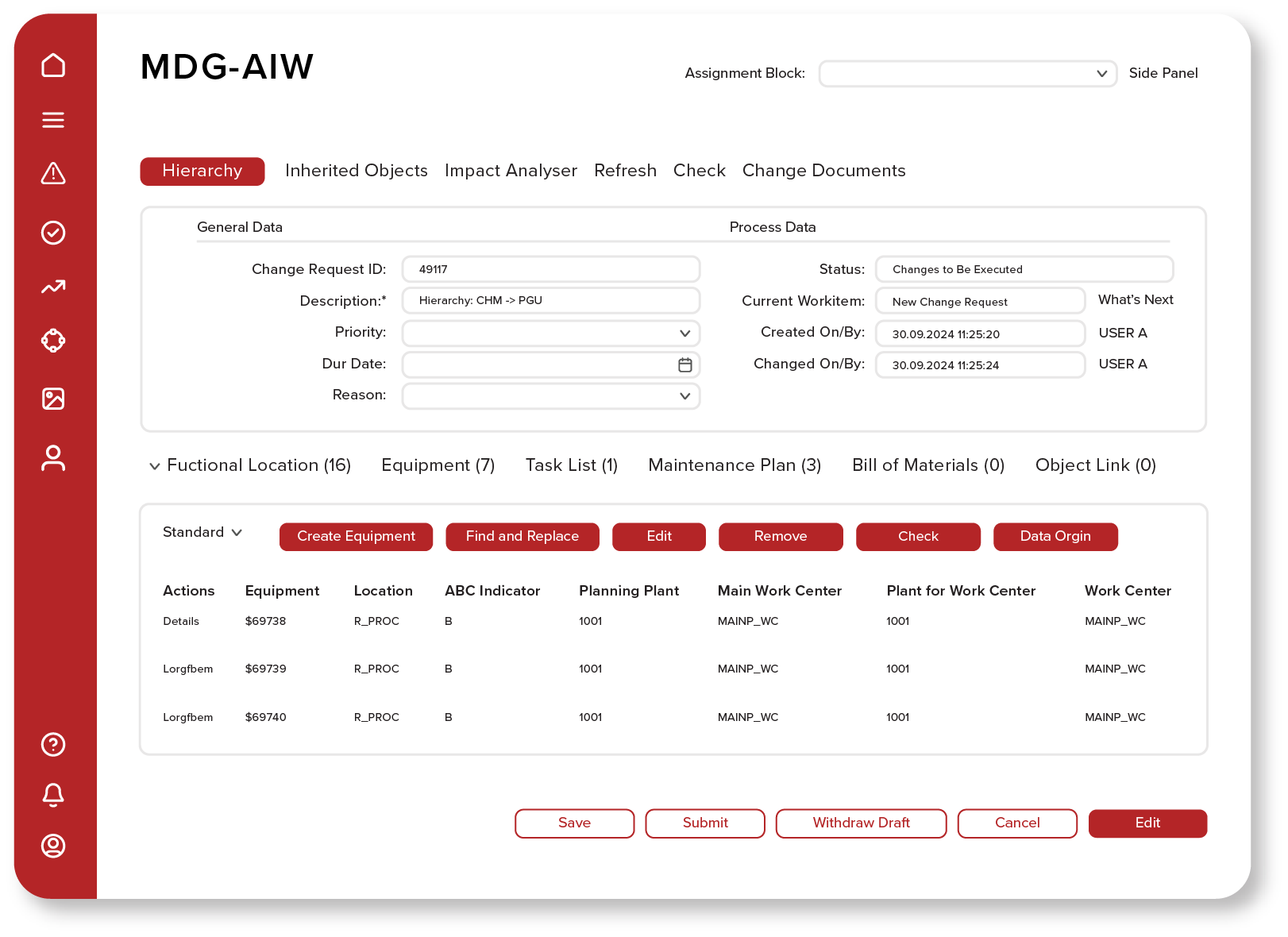 Prometheus MDG-AIW product illustration showing a hierarchy change request and linked equipment, locations, task lists and maintenance plans