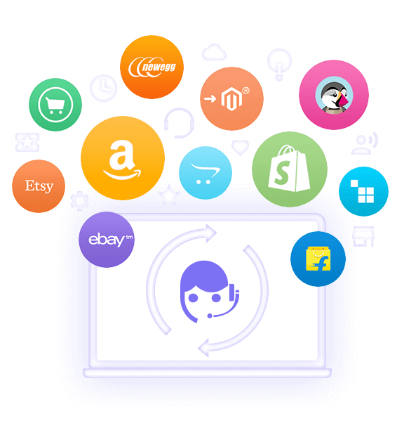 UVdesk illustration showing ecommerce platform symbols above a support agent
