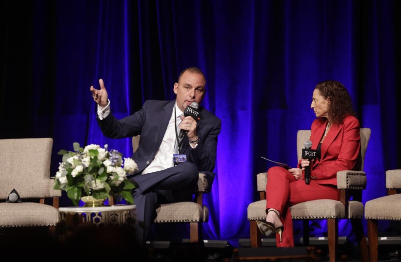 Uzi Yemin speaking with Maayan Hoffman onstage at the 2023 Jerusalem Post conference in New York