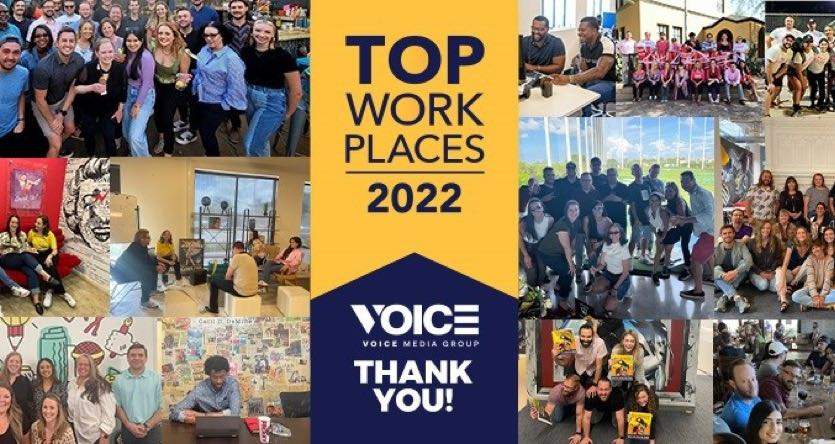 Voice Media Group employee collage celebrating its 2022 Top Workplaces recognition