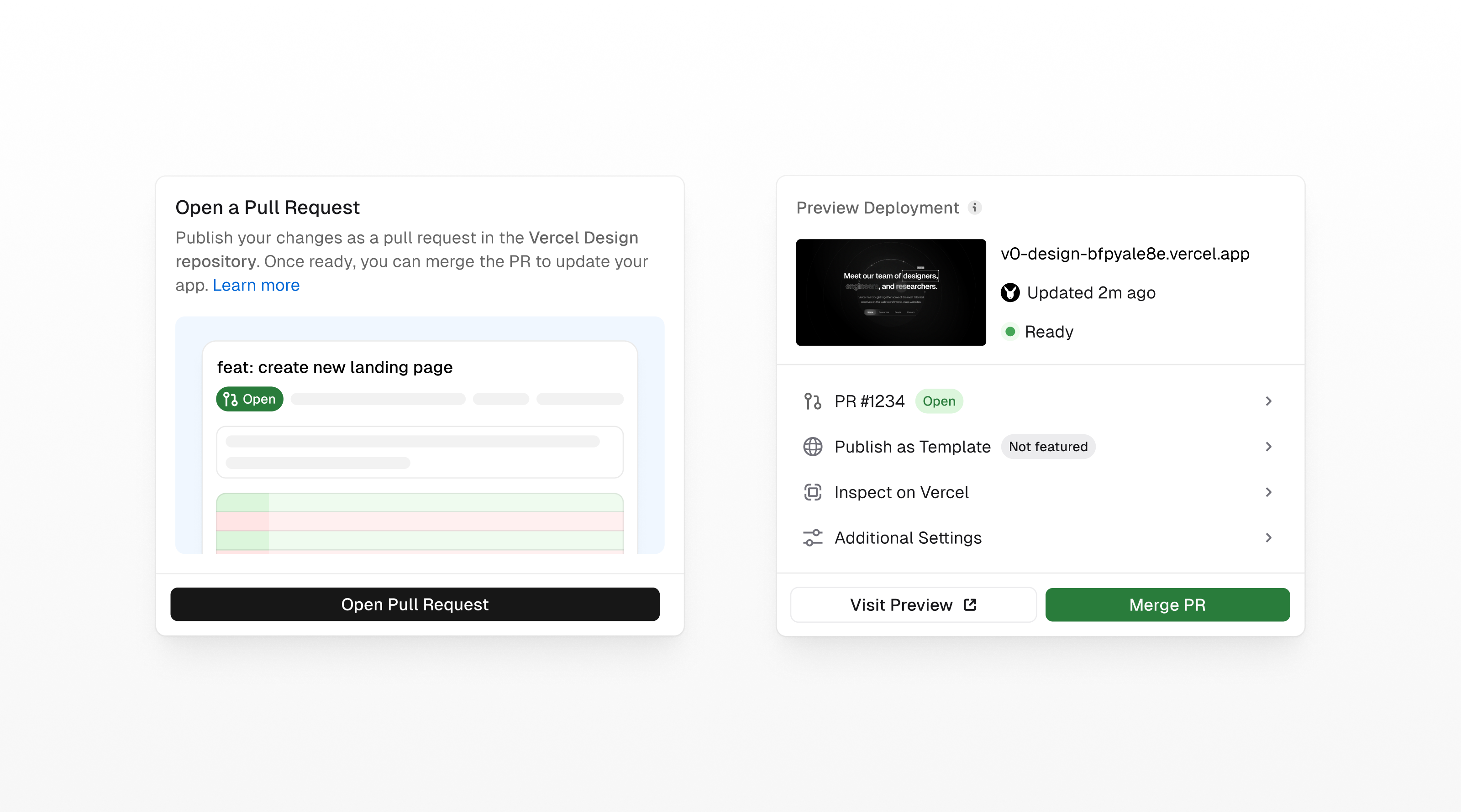 v0 Git workflow showing publishing and pull request controls