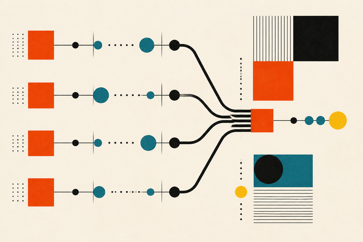 Abstract Swiss-style illustration of four modular paths converging into a measured sales system