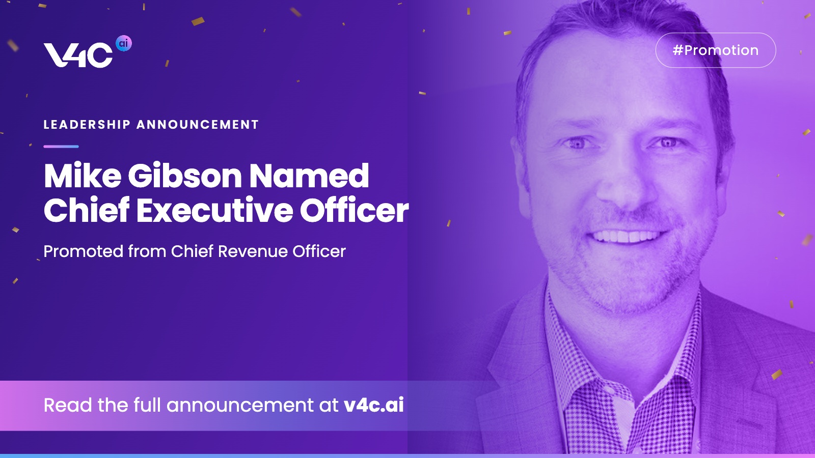 v4c.ai’s October 2026 announcement graphic featuring new CEO Michael Gibson