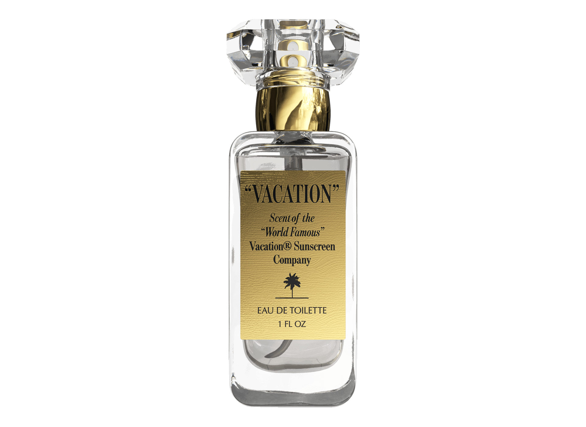 Vacation eau de toilette bottle with a clear faceted cap and yellow label