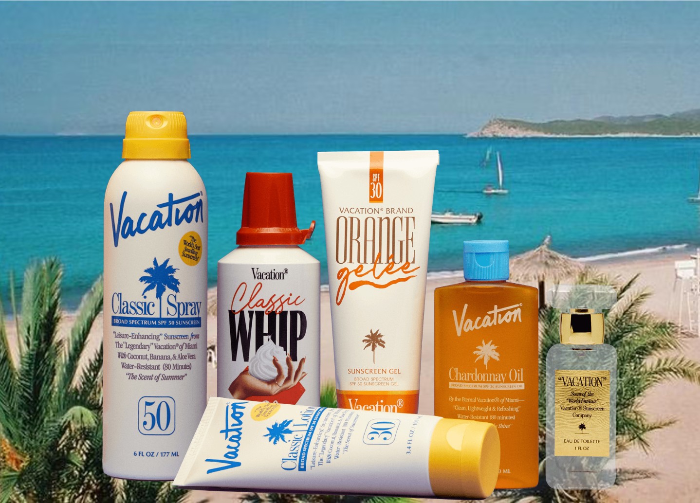 Vacation sunscreen sprays, Classic Whip, Orange Gelée, Chardonnay Oil and fragrance against a seaside backdrop