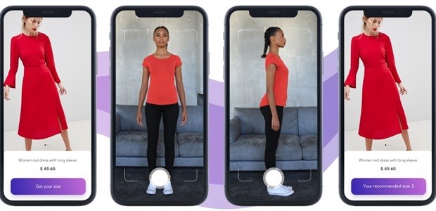 Four phone screens demonstrate photograph capture and a clothing size recommendation