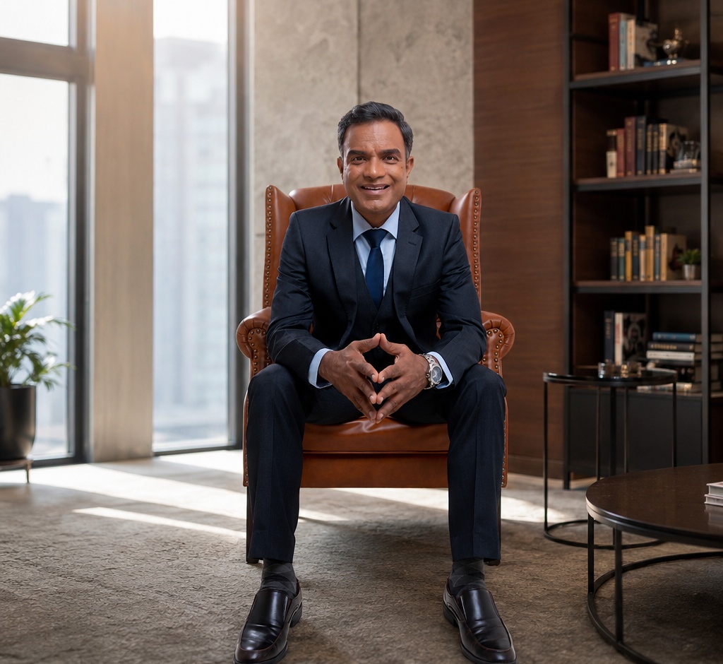 Vaibhav Domkundwar seated in a furnished interior, wearing a dark suit