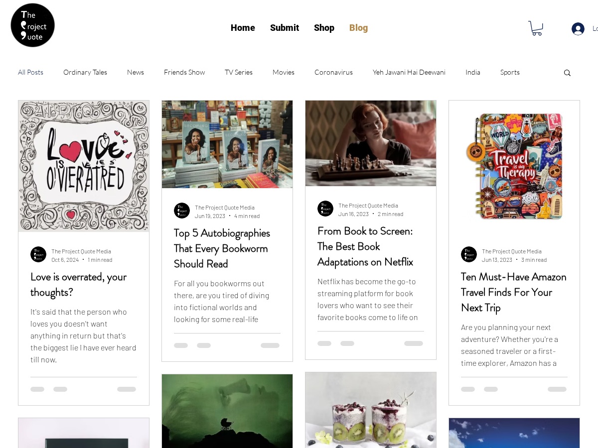 The Project Quote blog showing a grid of articles about books, films, travel and relationships