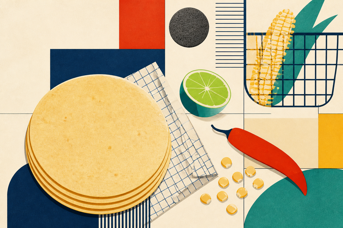 Abstract Swiss-style composition of tortillas, corn, lime, chile and a market basket