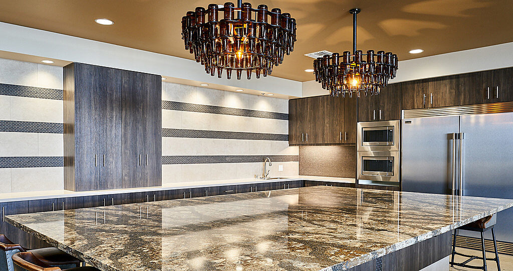 Valley Wide Beverage break room with chandeliers made from beer bottles