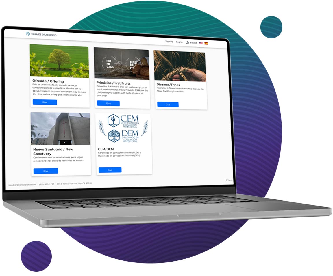 Vanco product mockup showing CDO Church’s online giving page on a laptop