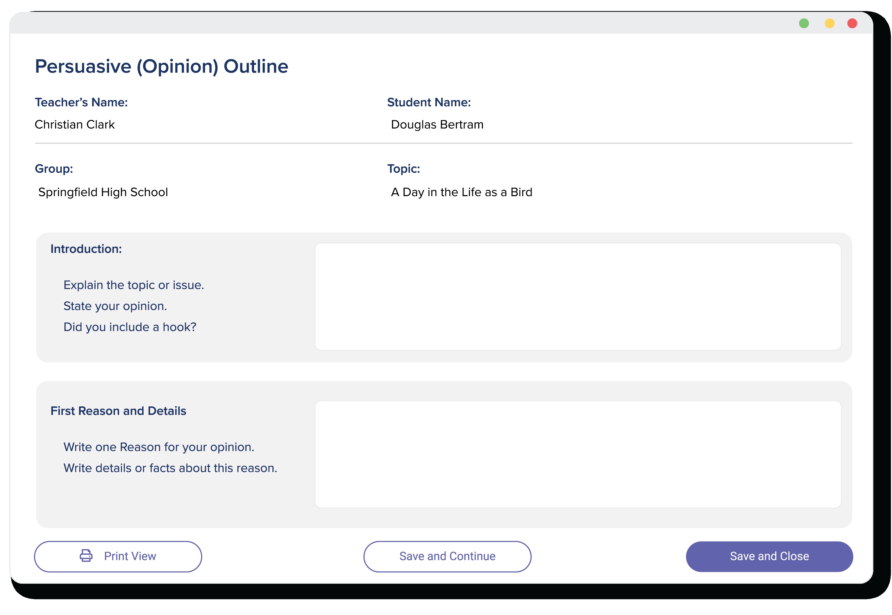 MY Access! product screenshot showing a persuasive essay outline with fields for an introduction and supporting reasons