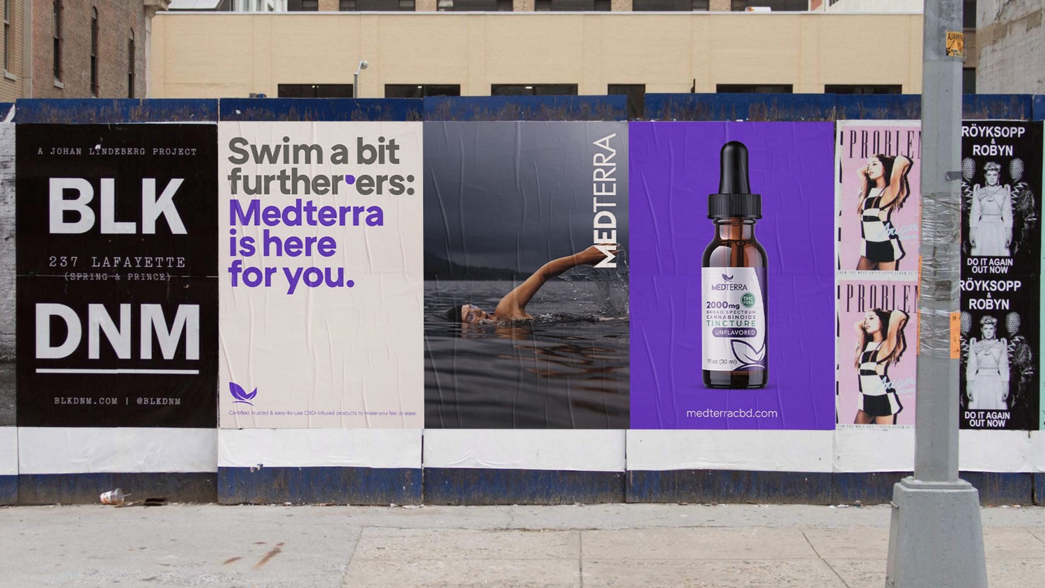 Medterra outdoor advertising mockup using purple panels and product imagery