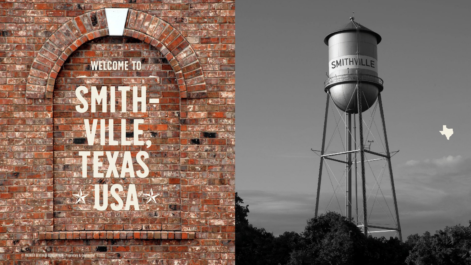 Smithville brand presentation with painted brick lettering and a town water tower
