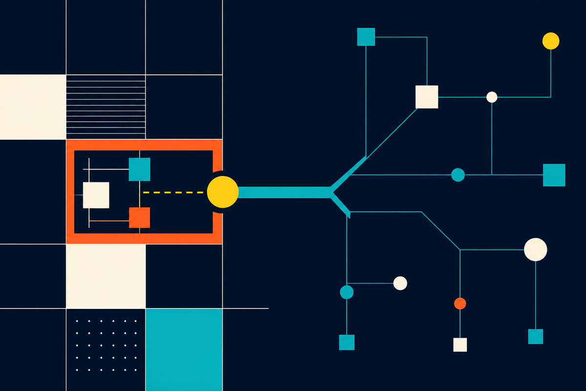 Abstract Swiss-style network of geometric nodes opening into multiple paths