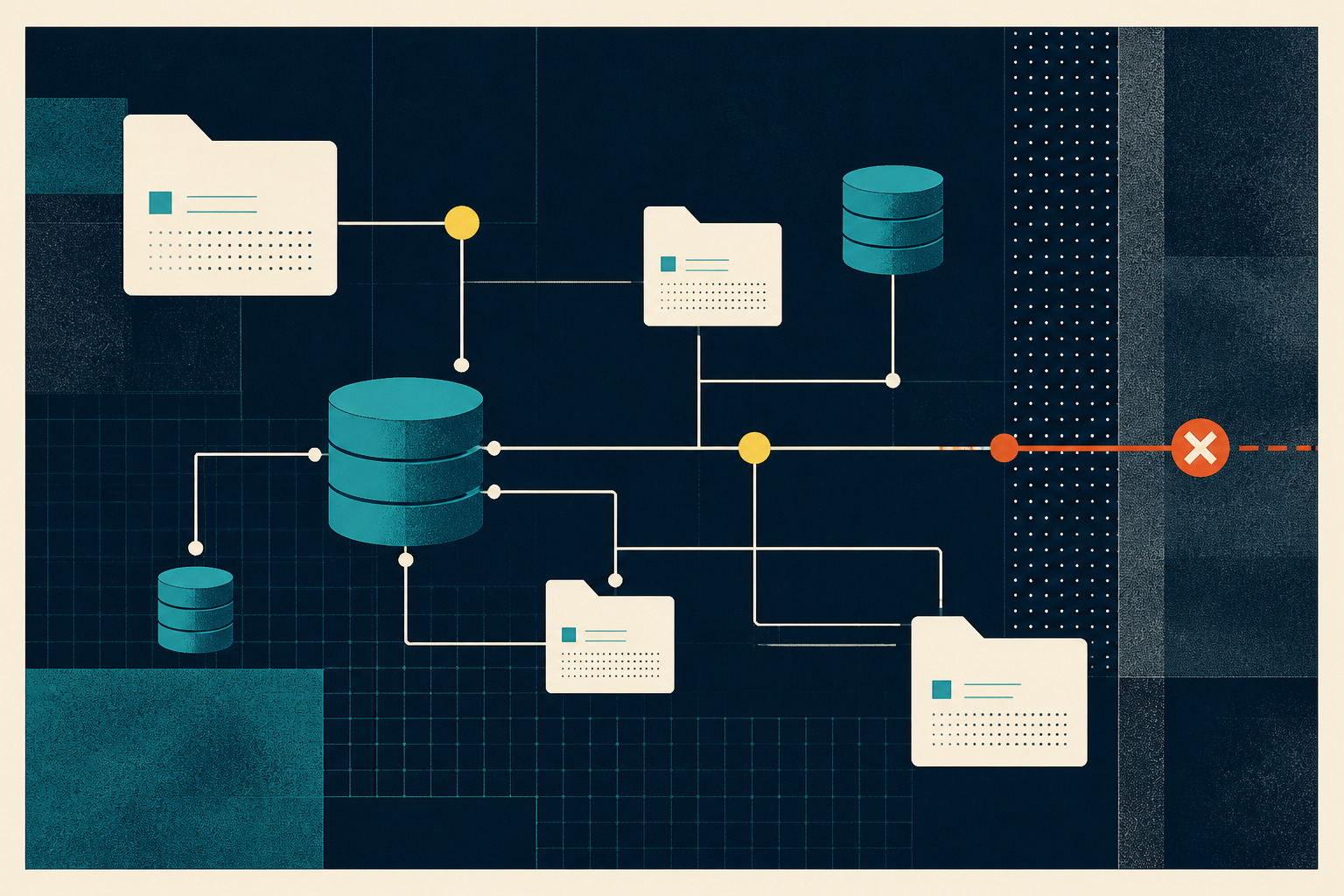 Editorial illustration of data stores, files, permissions and a blocked exfiltration path