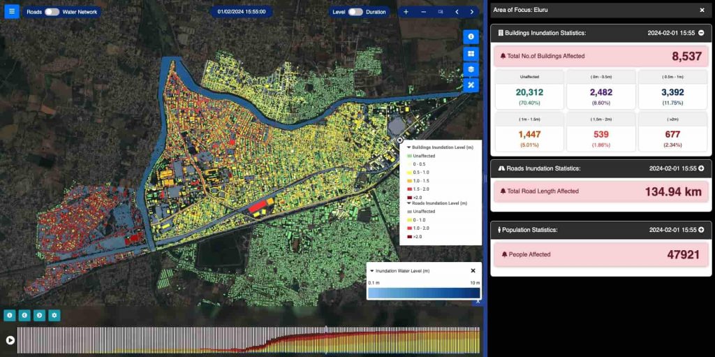 Vassar Labs flood simulation interface showing modeled water depths and potential impacts around Eluru