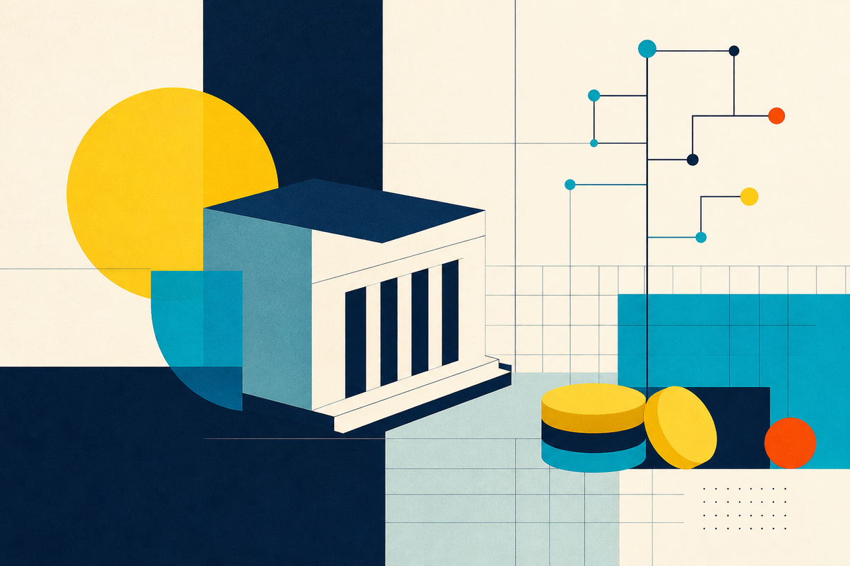 Abstract Swiss-style illustration of a bank, ledger grid, coins and a branching digital network