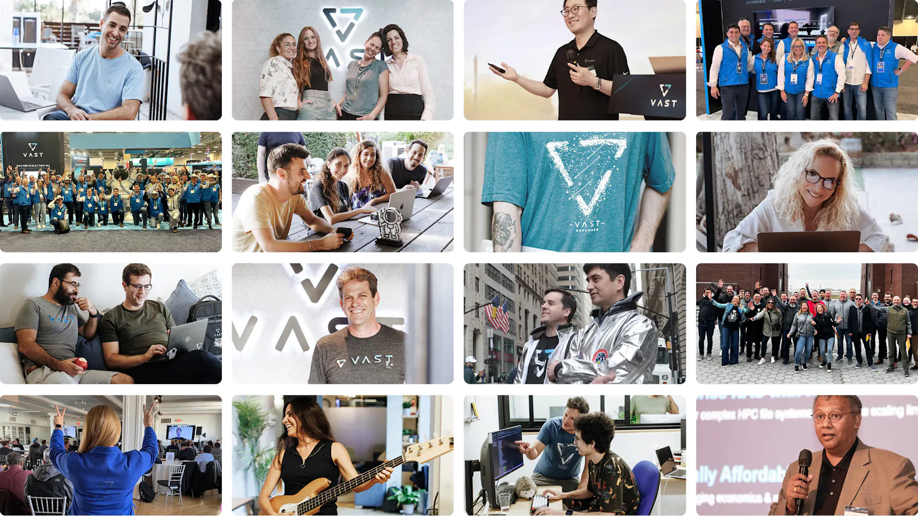 VAST Data team collage showing employees working, presenting and gathering at events