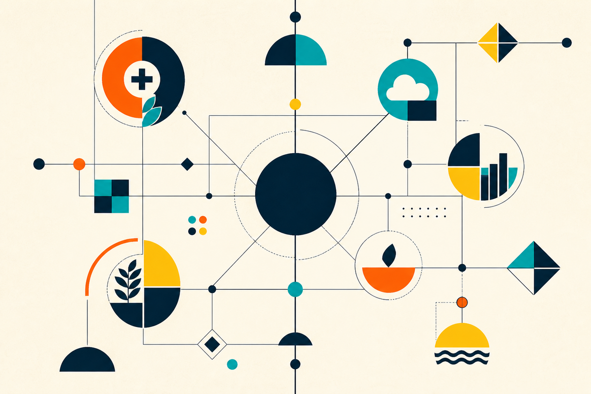 Abstract Swiss-style network of geometric nodes representing Vast Ventures' cross-sector portfolio