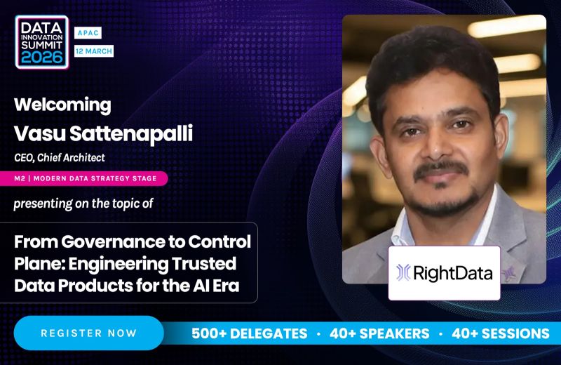 Data Innovation Summit APAC graphic announcing Vasu Sattenapalli's session on trusted data products for the AI era