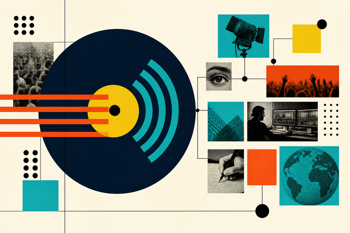 Abstract Swiss-style composition showing signals, audiences and connected media tiles