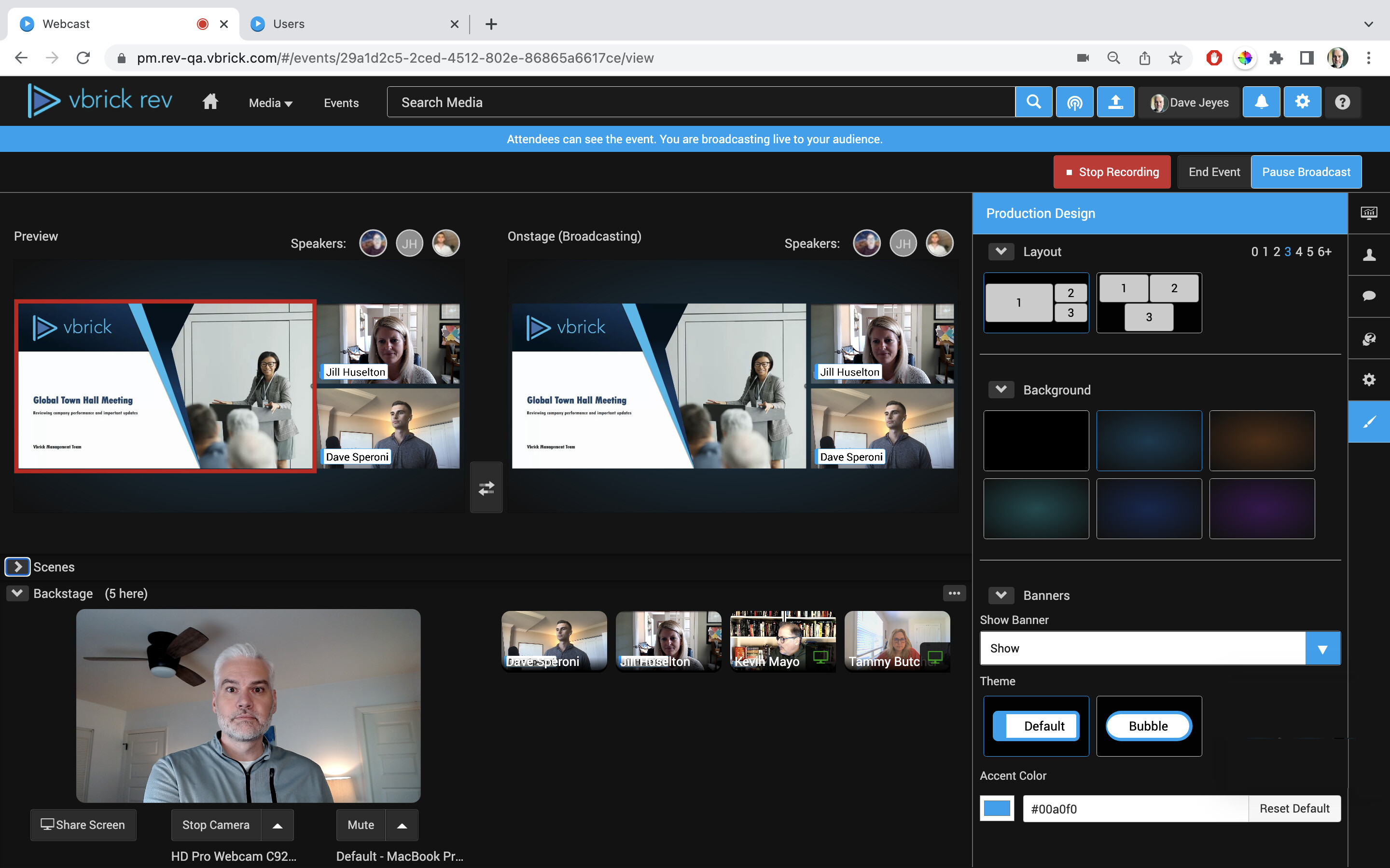 Vbrick Producer interface showing a live corporate webcast, presenters, preview, and production controls