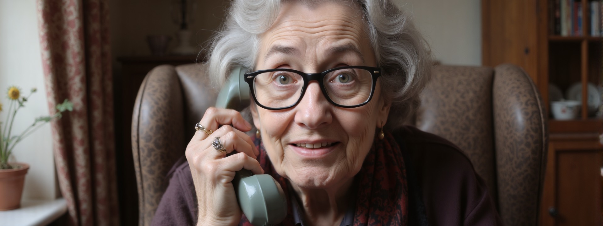 Daisy, the silver-haired AI grandmother created for O2, sits in a cosy home setting