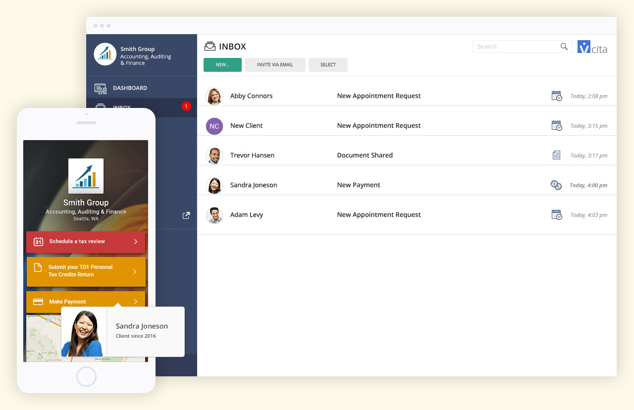 An earlier vcita interface showing a shared client inbox on desktop and booking and payment actions on mobile