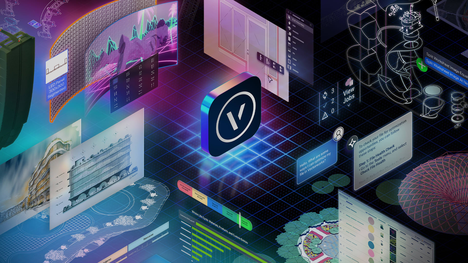 A collage of architecture, landscape and entertainment projects shown in Vectorworks 2026