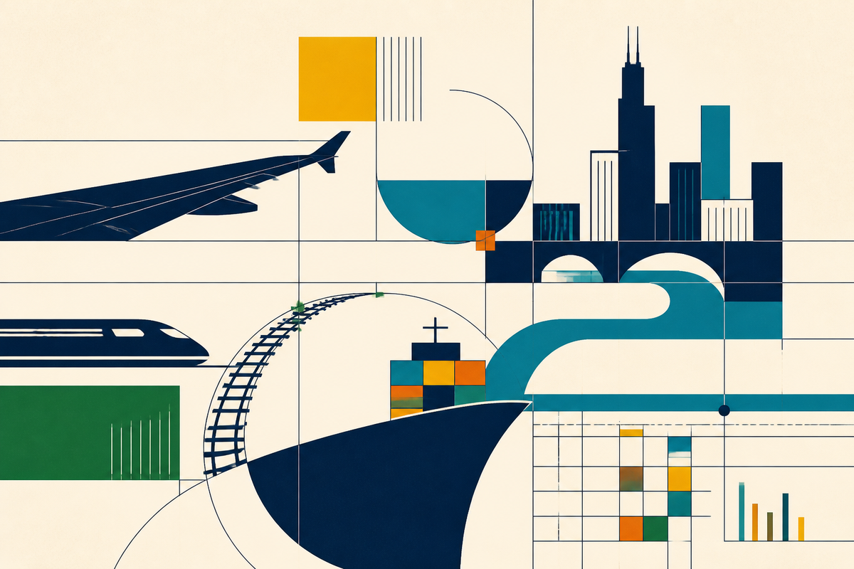 Abstract Swiss-style composition of an aircraft wing, train, ship, Chicago skyline and financial grid