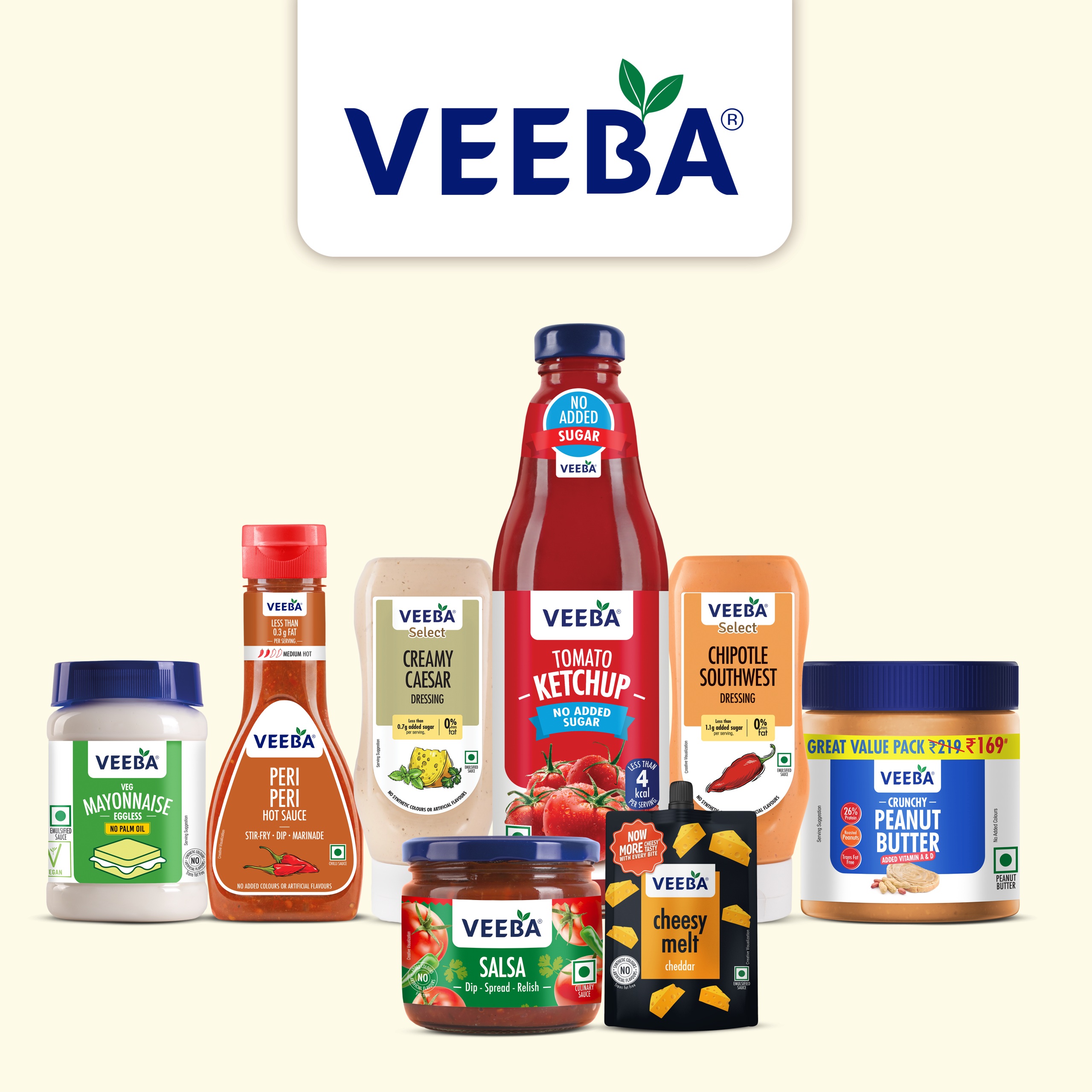 Veeba product range including mayonnaise, peri peri sauce, dressings, ketchup, salsa and peanut butter