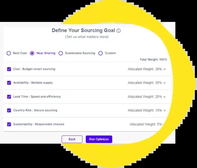 Beroe nnamu interface illustration showing sourcing goals and weighted priorities