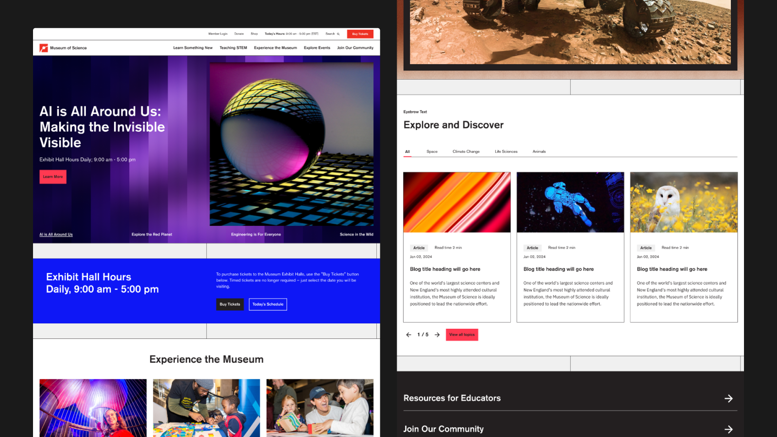 Desktop and mobile designs for the Museum of Science website created by Velir