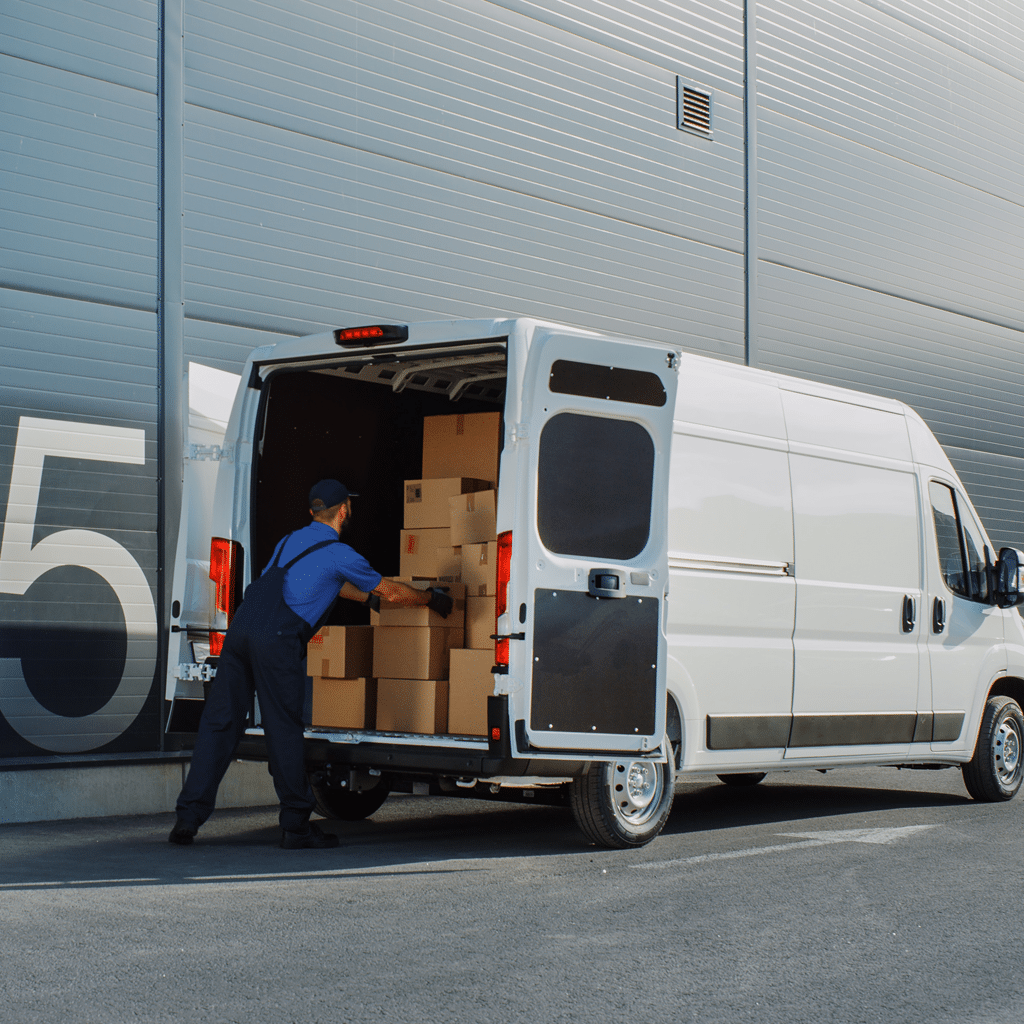 Velocitor’s courier product illustration showing a worker loading parcels into a delivery van