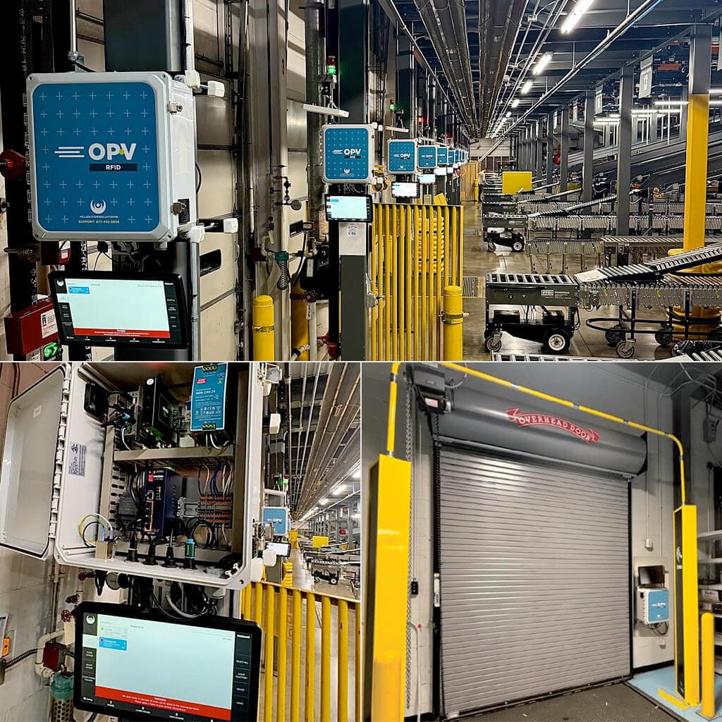 Velocitor OPV RFID equipment, tablet screens, conveyors, and trailer loading bays shown in a four-panel product photograph