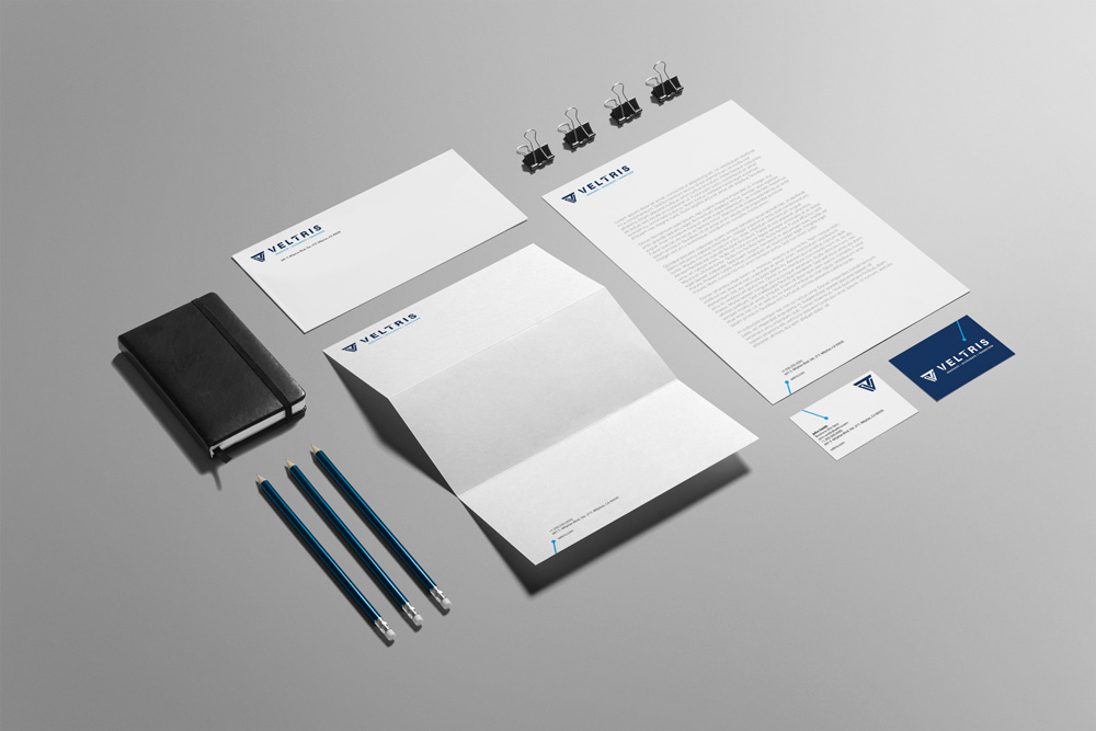 Veltris stationery and brand identity mockup created by Abbey Mecca