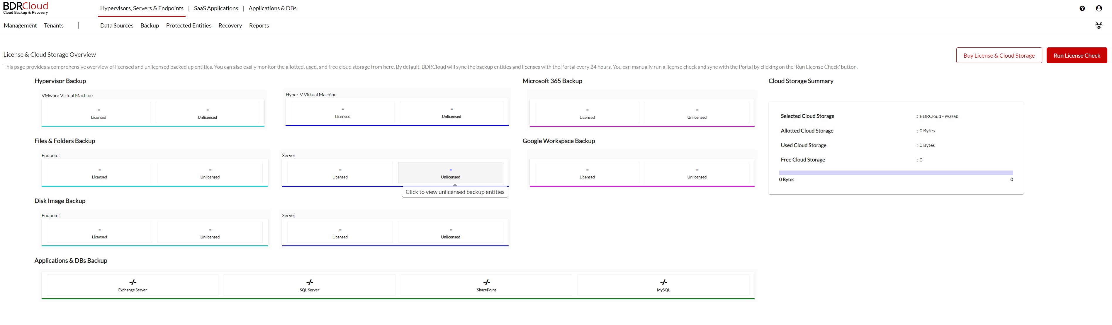 Historical BDRCloud console showing separate backup license categories and cloud storage usage