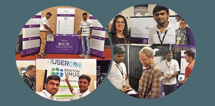 Archival Vembu trade-event collage featuring staff at exhibition stands and Boston VMUG