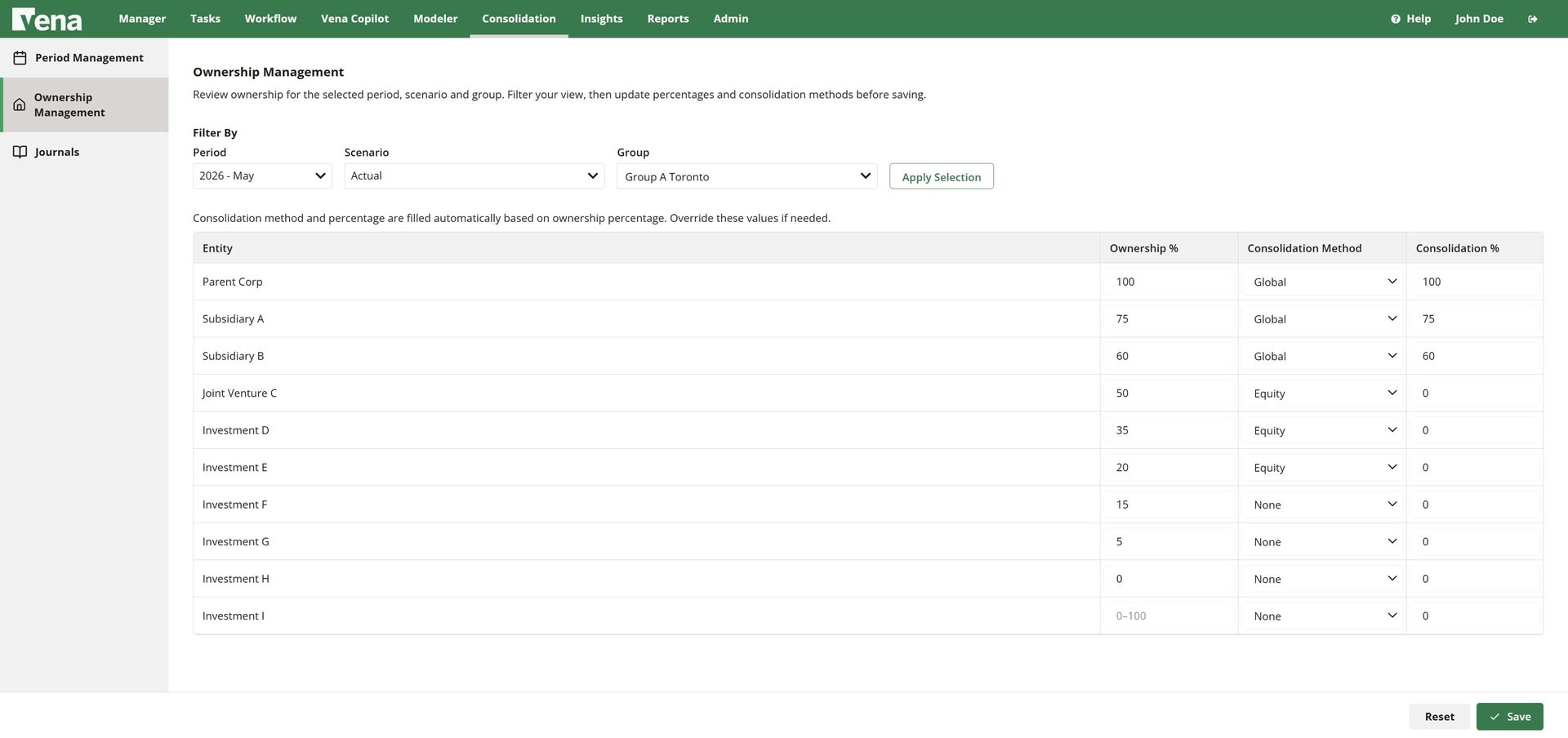 Vena Financial Consolidation interface shown across Microsoft Excel and a reporting dashboard