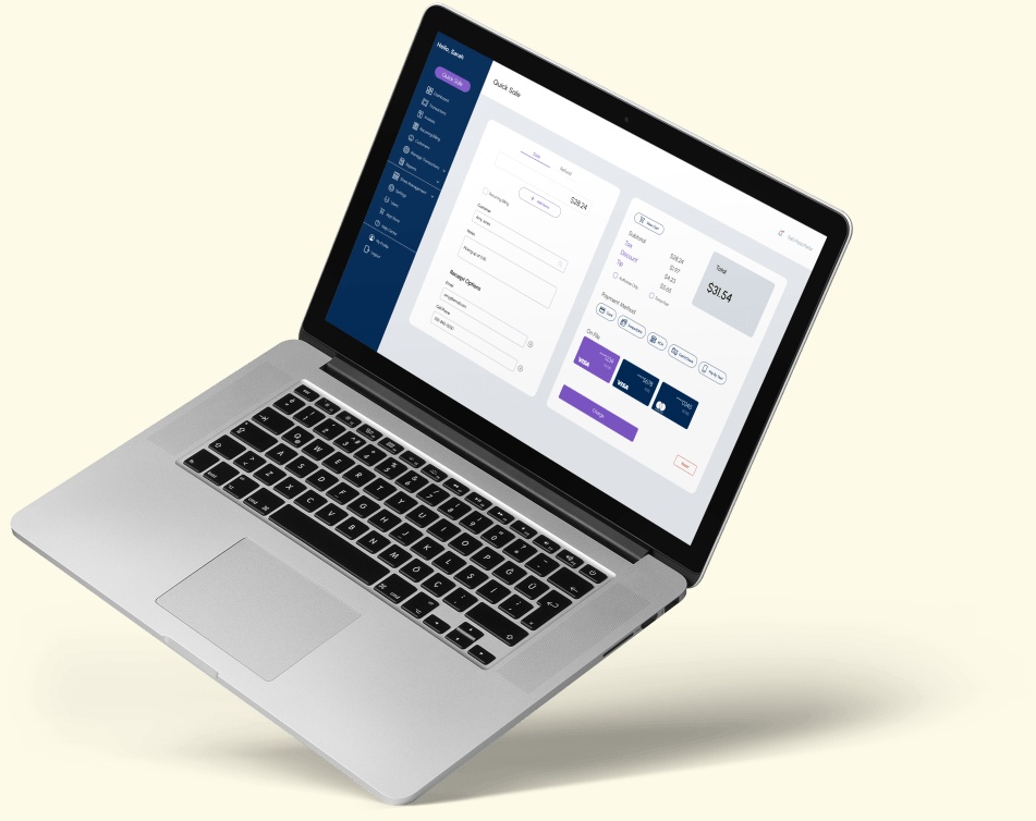 Vendara product mockup showing a Quick Sale payment screen on a laptop